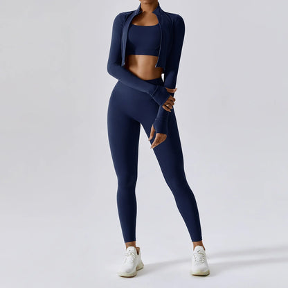 Elite 3-Piece Yoga Set including sports bra, high-waist leggings, and crop top—designed for stretch, support, and comfort during workouts or yoga sessions.