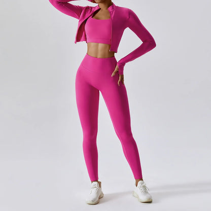 Elite 3-Piece Yoga Set including sports bra, high-waist leggings, and crop top—designed for stretch, support, and comfort during workouts or yoga sessions.