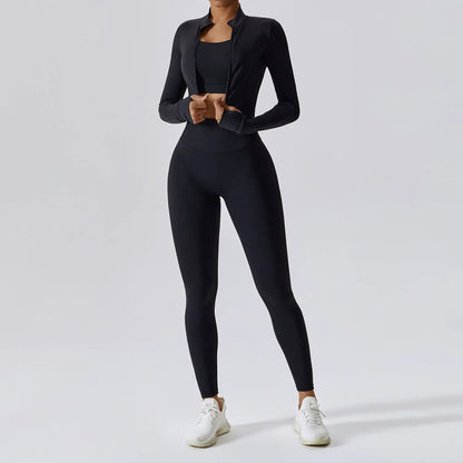 Elite 3-Piece Yoga Set including sports bra, high-waist leggings, and crop top—designed for stretch, support, and comfort during workouts or yoga sessions.