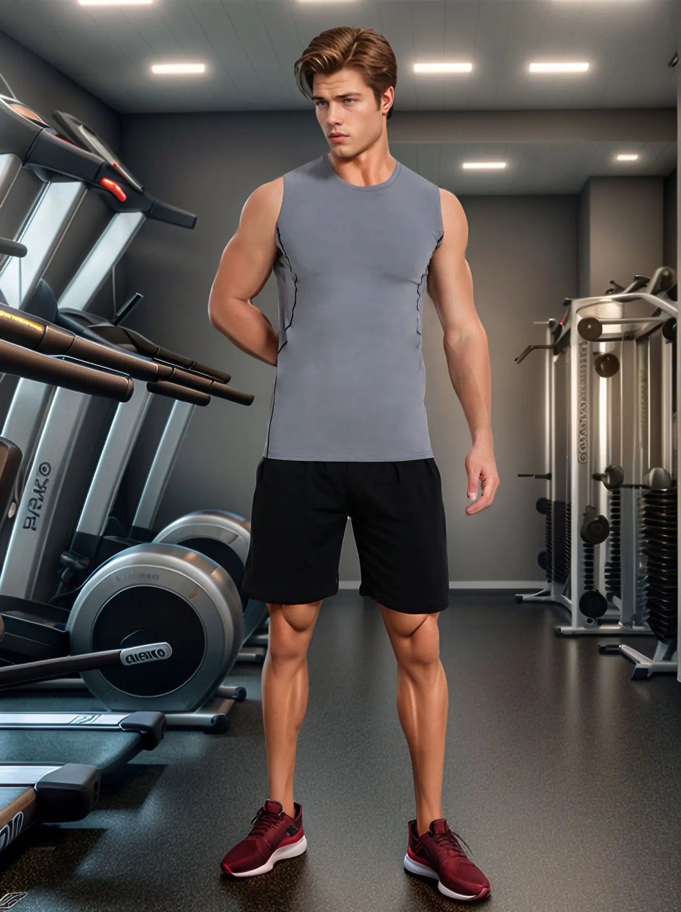Elite Men Compression Tank with a snug, muscle-supporting fit, moisture-wicking fabric, and sleeveless design ideal for intense training and gym workouts.